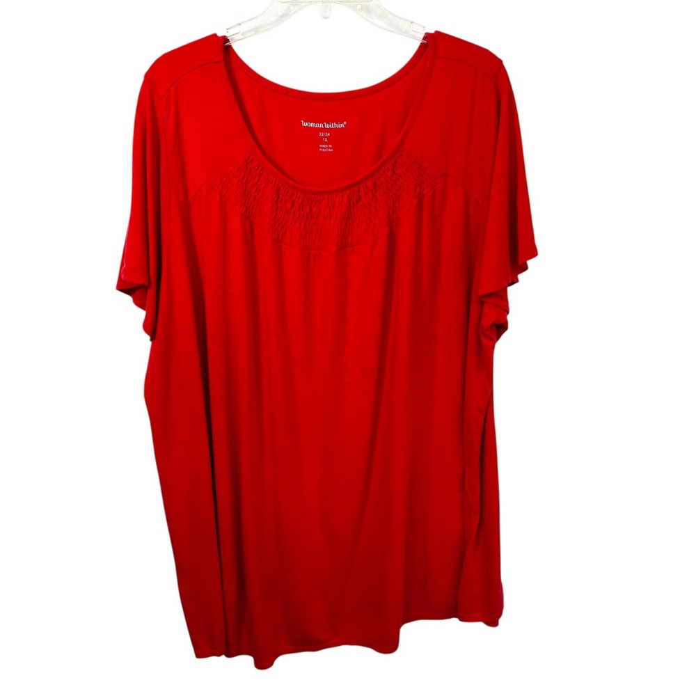 Woman Within Plus Size 22/24W Tunic Top Red Smocked Neck Short Sleeve Solid 1725